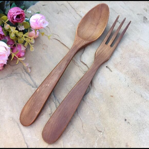 Vintage Hardwood Spoon Fork Salad Serving Decorative Utensil Set - Picture 3 of 13
